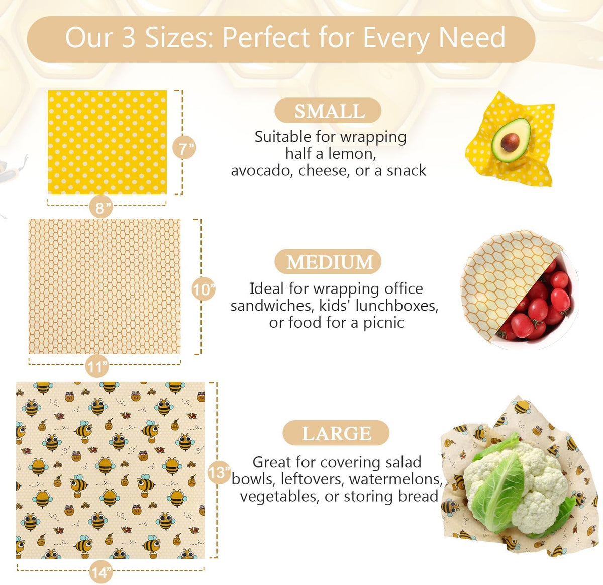 Reusable Beeswax Food Wraps Set - (S,M,L) for Bread, Sandwiches, Cheese & Bowl Covers | Food Storage | Organic, Zero Waste, Plastic and Silicone Free