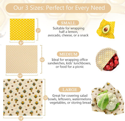 Reusable Beeswax Food Wraps Set - (S,M,L) for Bread, Sandwiches, Cheese & Bowl Covers | Food Storage | Organic, Zero Waste, Plastic and Silicone Free