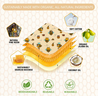 Reusable Beeswax Food Wraps Set - (S,M,L) for Bread, Sandwiches, Cheese & Bowl Covers | Food Storage | Organic, Zero Waste, Plastic and Silicone Free