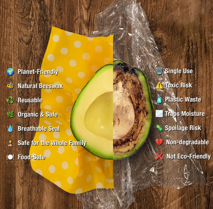 Reusable Beeswax Food Wraps Set - (S,M,L) for Bread, Sandwiches, Cheese & Bowl Covers | Food Storage | Organic, Zero Waste, Plastic and Silicone Free