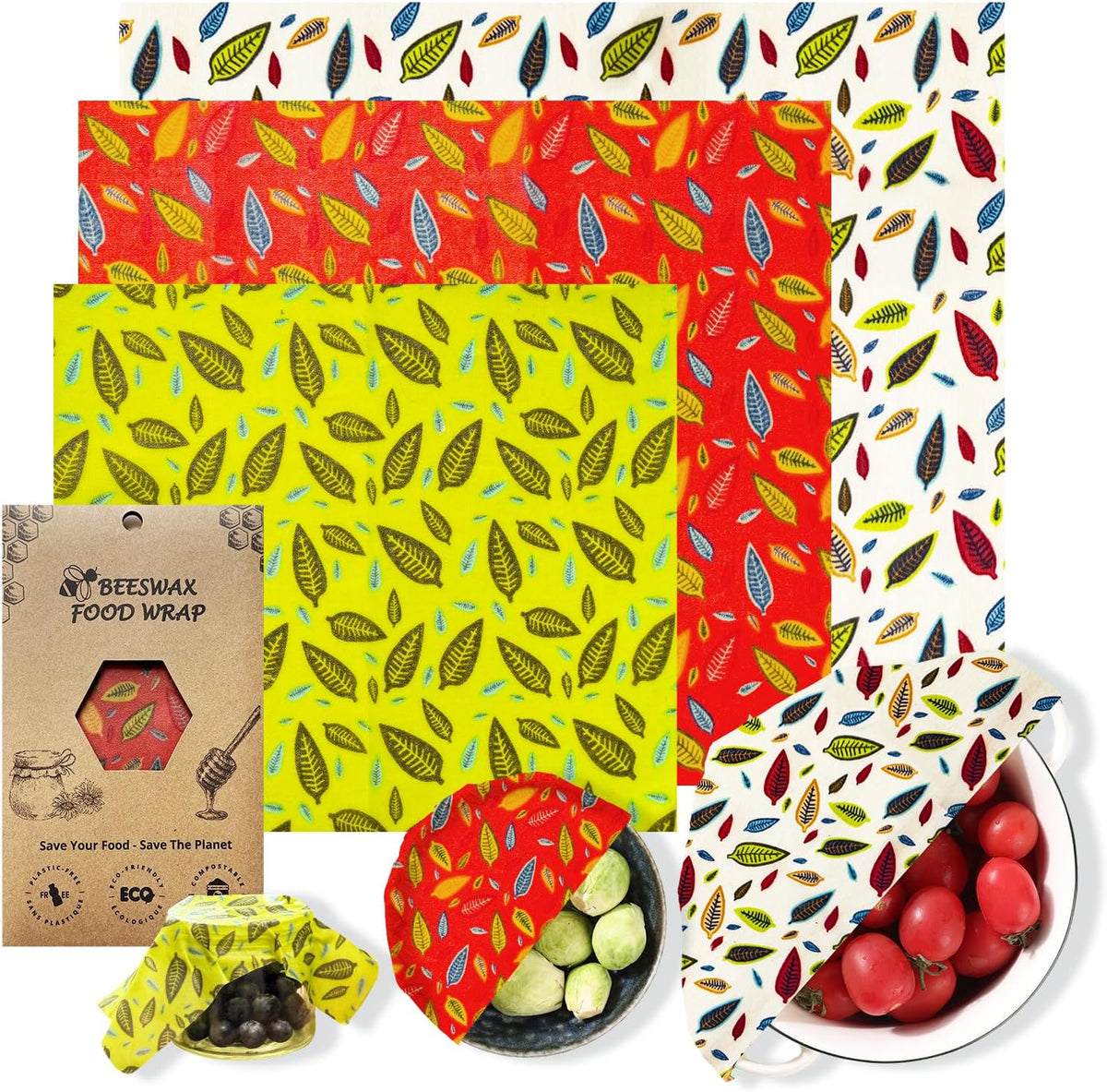 Reusable Beeswax Food Wraps Set - (S,M,L) for Bread, Sandwiches, Cheese & Bowl Covers | Food Storage | Organic, Zero Waste, Plastic and Silicone Free