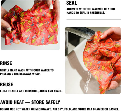 Reusable Beeswax Food Wraps Set - (S,M,L) for Bread, Sandwiches, Cheese & Bowl Covers | Food Storage | Organic, Zero Waste, Plastic and Silicone Free