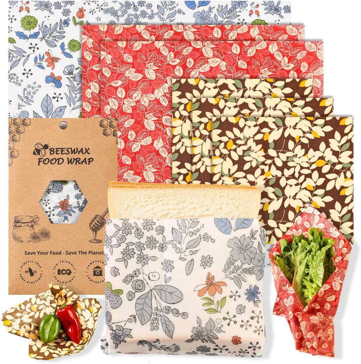 Reusable Beeswax Food Wraps Set - (S,M,L) for Bread, Sandwiches, Cheese & Bowl Covers | Food Storage | Organic, Zero Waste, Plastic and Silicone Free