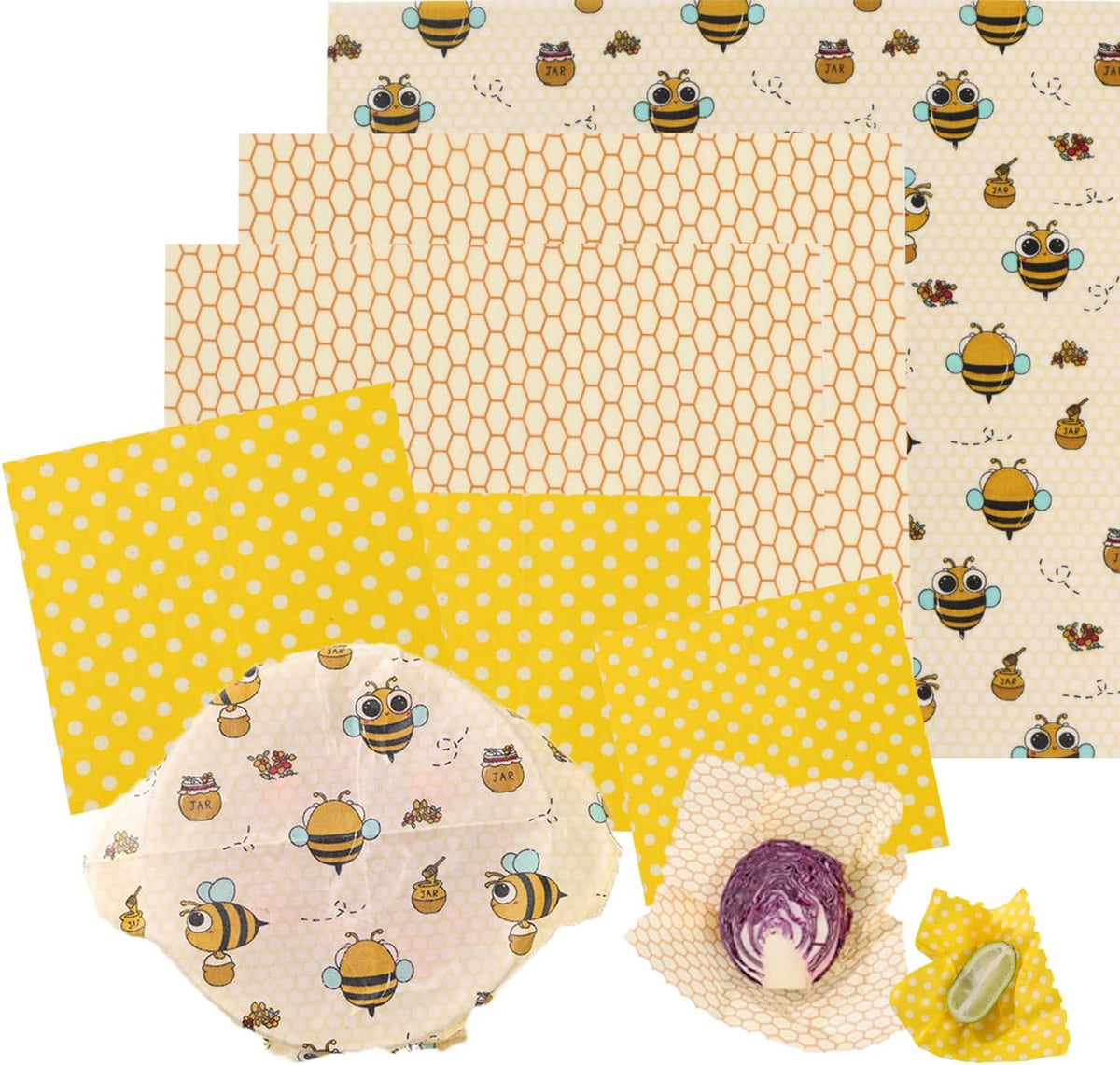 Reusable Beeswax Food Wraps Set - (S,M,L) for Bread, Sandwiches, Cheese & Bowl Covers | Food Storage | Organic, Zero Waste, Plastic and Silicone Free