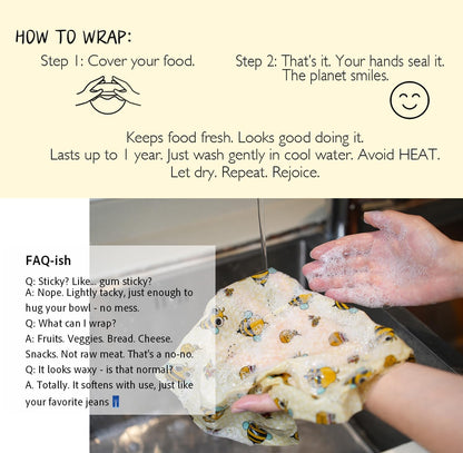 Reusable Beeswax Food Wraps Set - (S,M,L) for Bread, Sandwiches, Cheese & Bowl Covers | Food Storage | Organic, Zero Waste, Plastic and Silicone Free