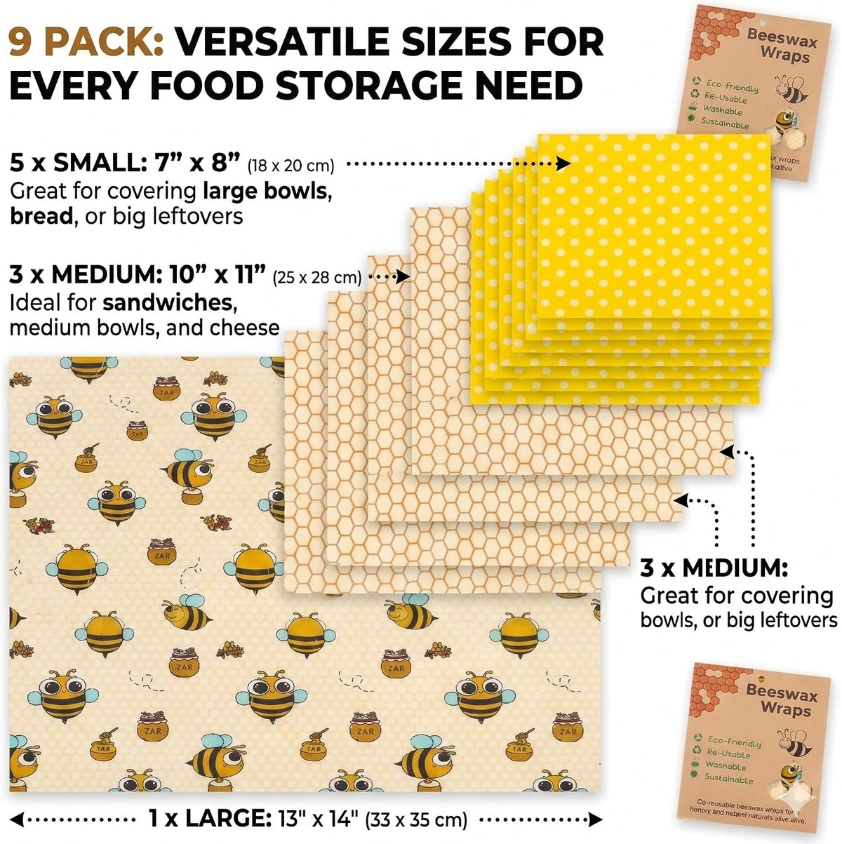 Reusable Beeswax Food Wraps Set - (S,M,L) for Bread, Sandwiches, Cheese & Bowl Covers | Food Storage | Organic, Zero Waste, Plastic and Silicone Free