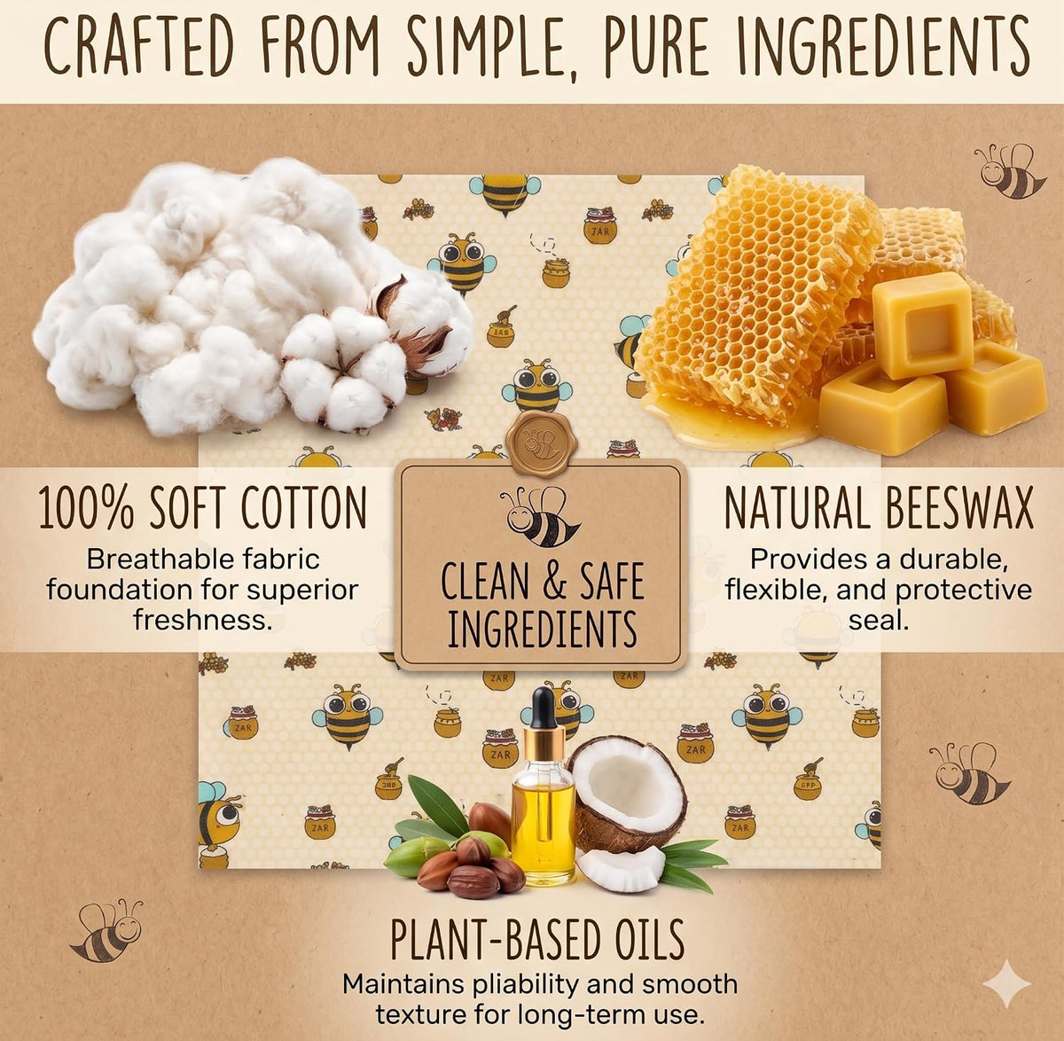 Reusable Beeswax Food Wraps Set - (S,M,L) for Bread, Sandwiches, Cheese & Bowl Covers | Food Storage | Organic, Zero Waste, Plastic and Silicone Free