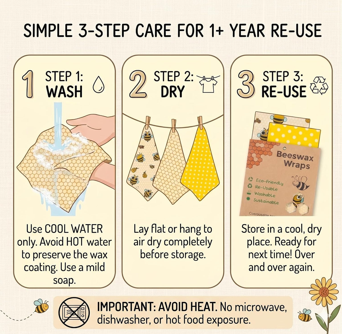Reusable Beeswax Food Wraps Set - (S,M,L) for Bread, Sandwiches, Cheese & Bowl Covers | Food Storage | Organic, Zero Waste, Plastic and Silicone Free