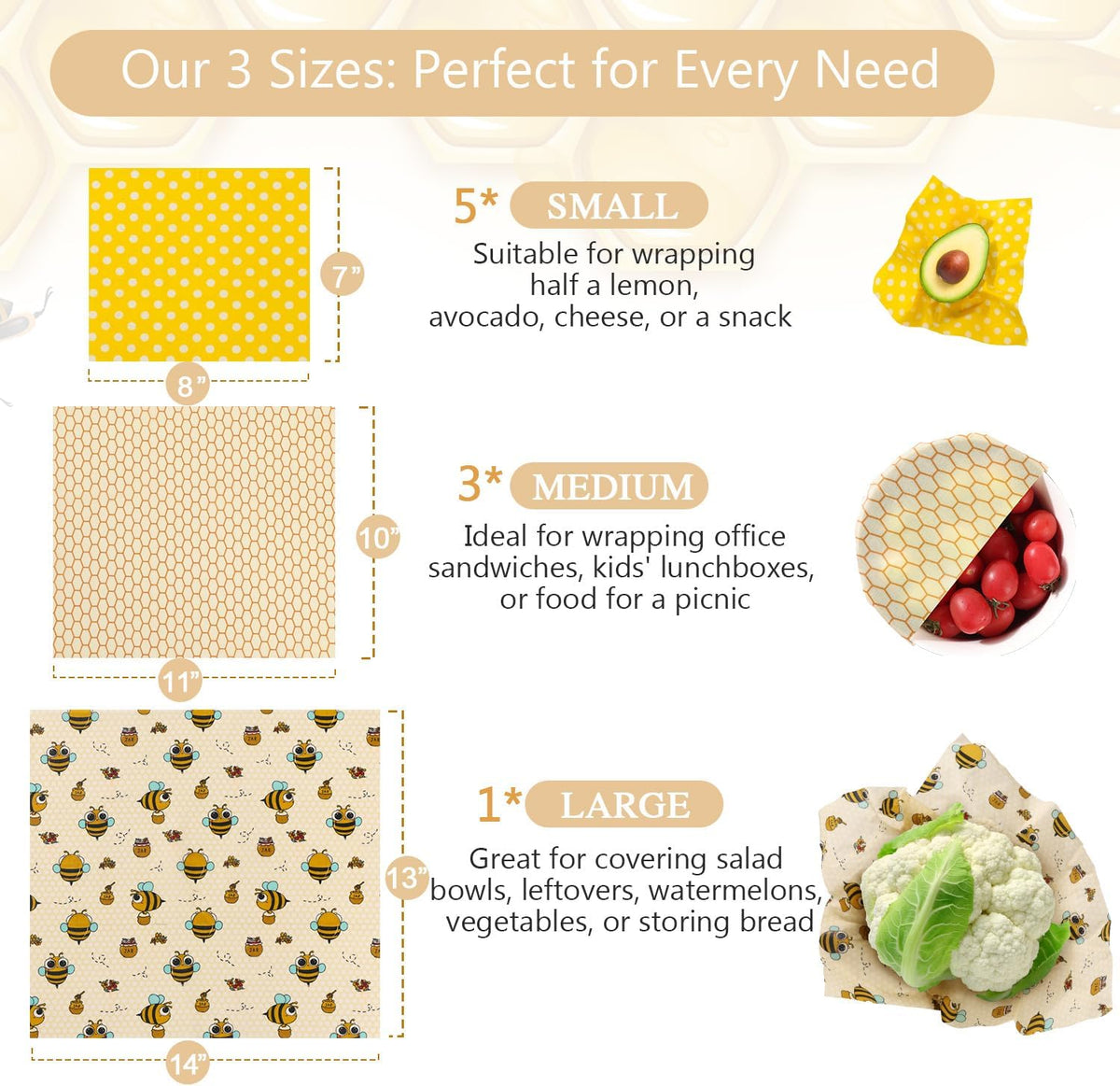 Reusable Beeswax Food Wraps Set - (S,M,L) for Bread, Sandwiches, Cheese & Bowl Covers | Food Storage | Organic, Zero Waste, Plastic and Silicone Free