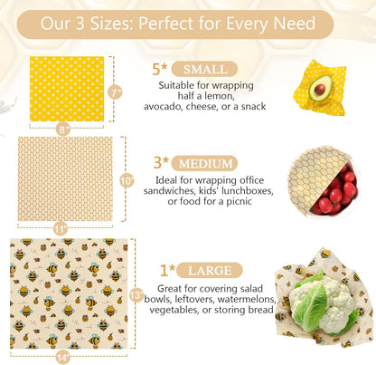 Reusable Beeswax Food Wraps Set - (S,M,L) for Bread, Sandwiches, Cheese & Bowl Covers | Food Storage | Organic, Zero Waste, Plastic and Silicone Free