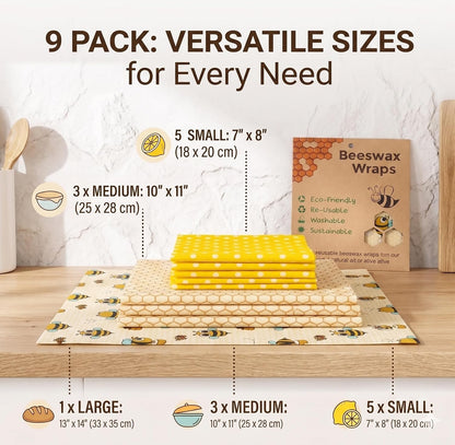 Reusable Beeswax Food Wraps Set - (S,M,L) for Bread, Sandwiches, Cheese & Bowl Covers | Food Storage | Organic, Zero Waste, Plastic and Silicone Free