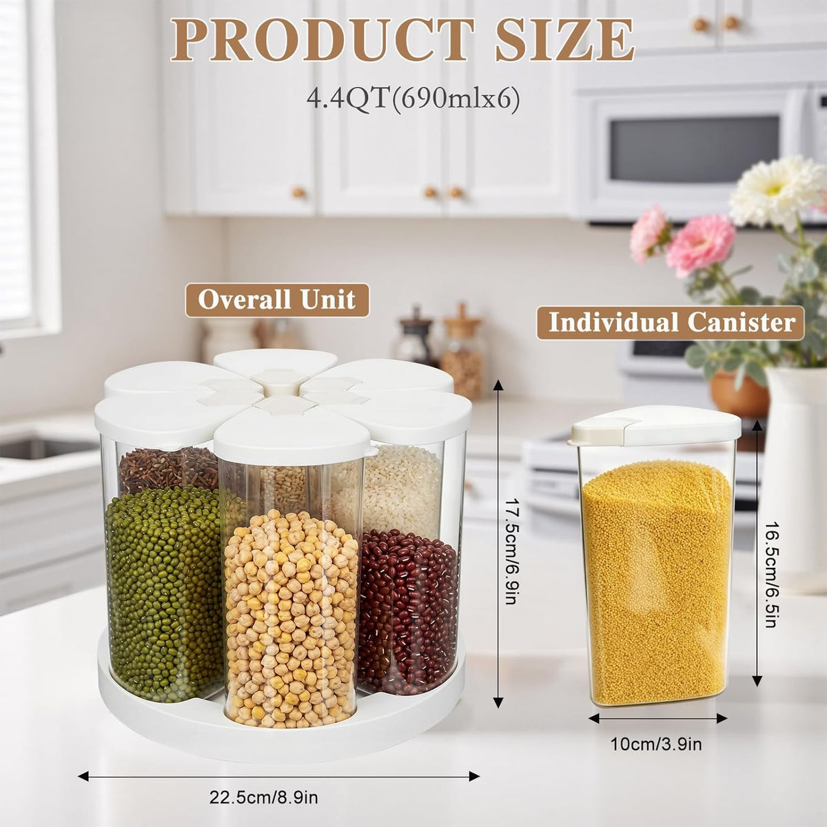 6 Grids Rotating Cereal Dispenser Countertop, 7 lbs Rice Dispenser