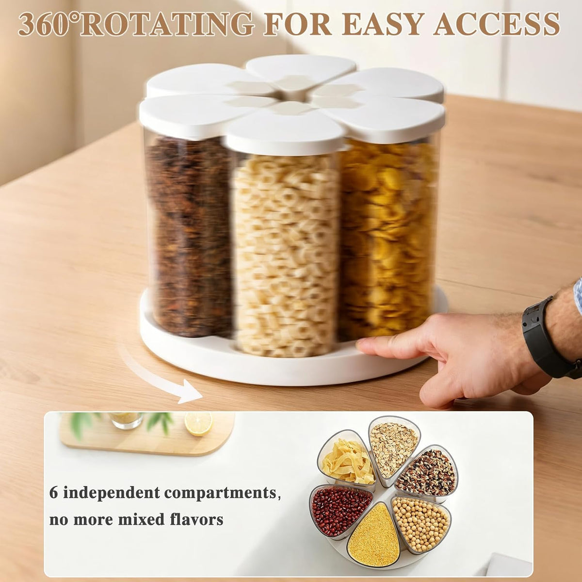 6 Grids Rotating Cereal Dispenser Countertop, 7 lbs Rice Dispenser