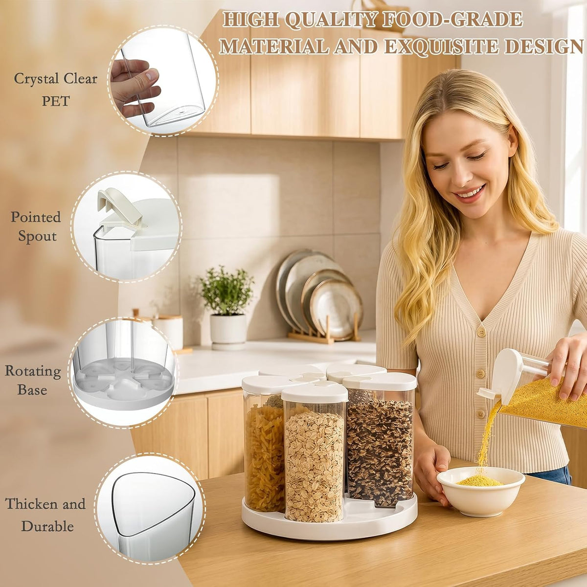 6 Grids Rotating Cereal Dispenser Countertop, 7 lbs Rice Dispenser