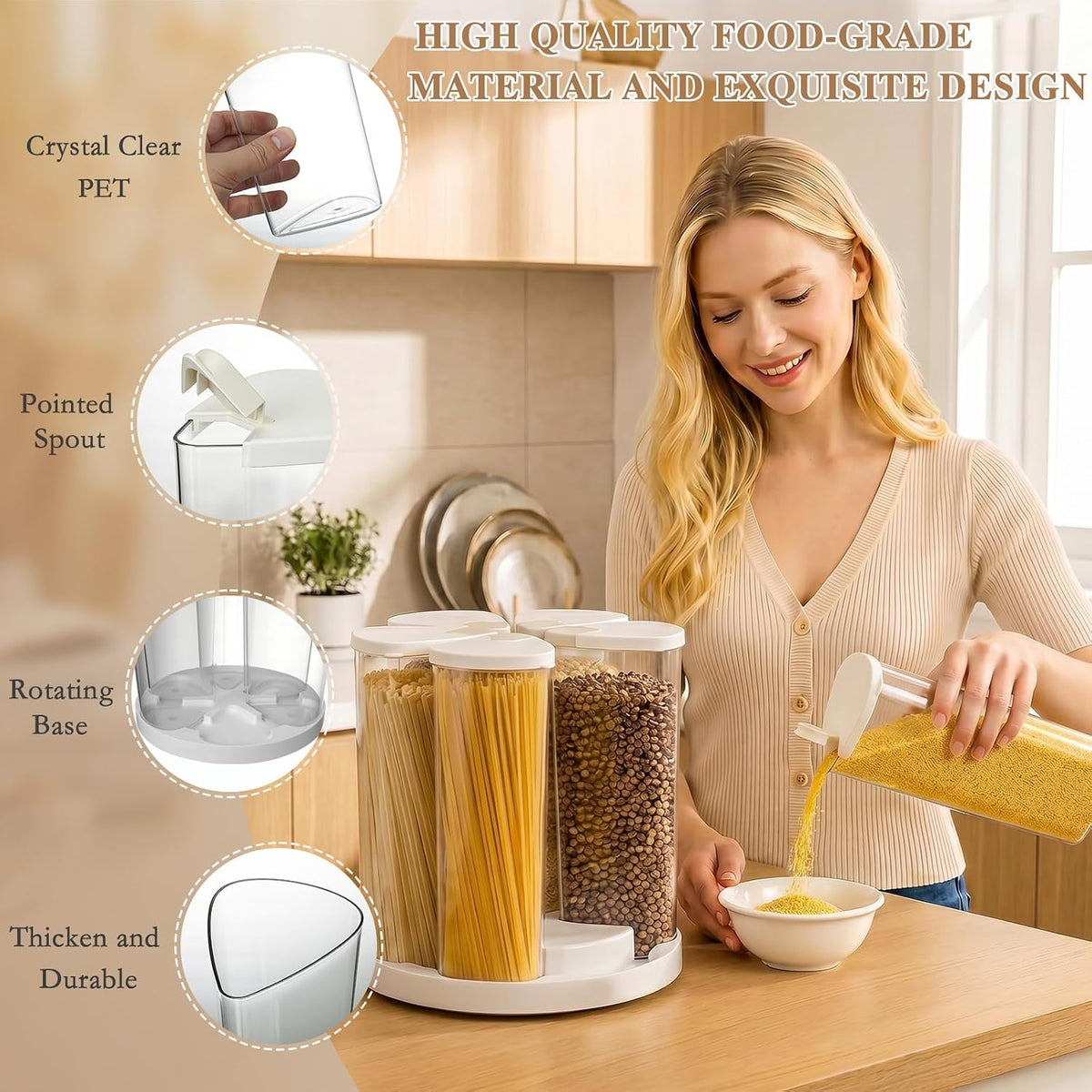 6 Grids Rotating Cereal Dispenser Countertop, 7 lbs Rice Dispenser