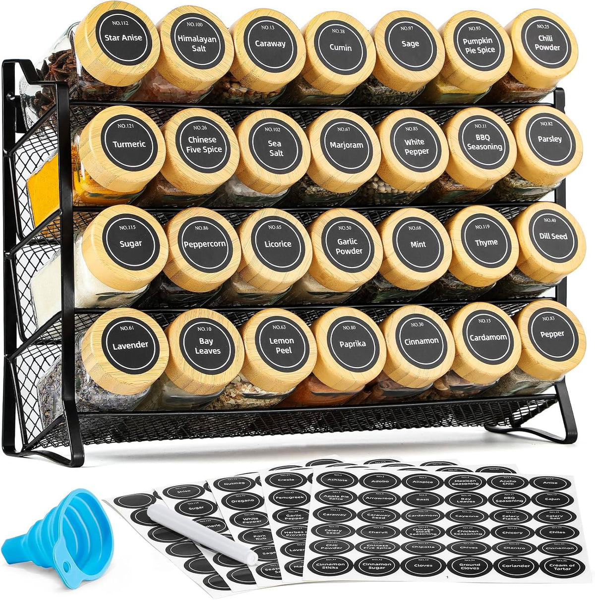 Spice Rack Organizer with 28 Empty Spice Jars with Silver Lids, Funnel, Labels - Seasoning Organizer for Countertop, Cabinet, Kitchen, Pantry