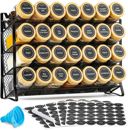 Spice Rack Organizer with 28 Empty Spice Jars with Silver Lids, Funnel, Labels - Seasoning Organizer for Countertop, Cabinet, Kitchen, Pantry