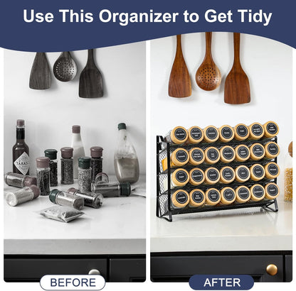 Spice Rack Organizer with 28 Empty Spice Jars with Silver Lids, Funnel, Labels - Seasoning Organizer for Countertop, Cabinet, Kitchen, Pantry