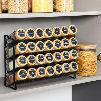 Spice Rack Organizer with 28 Empty Spice Jars with Silver Lids, Funnel, Labels - Seasoning Organizer for Countertop, Cabinet, Kitchen, Pantry