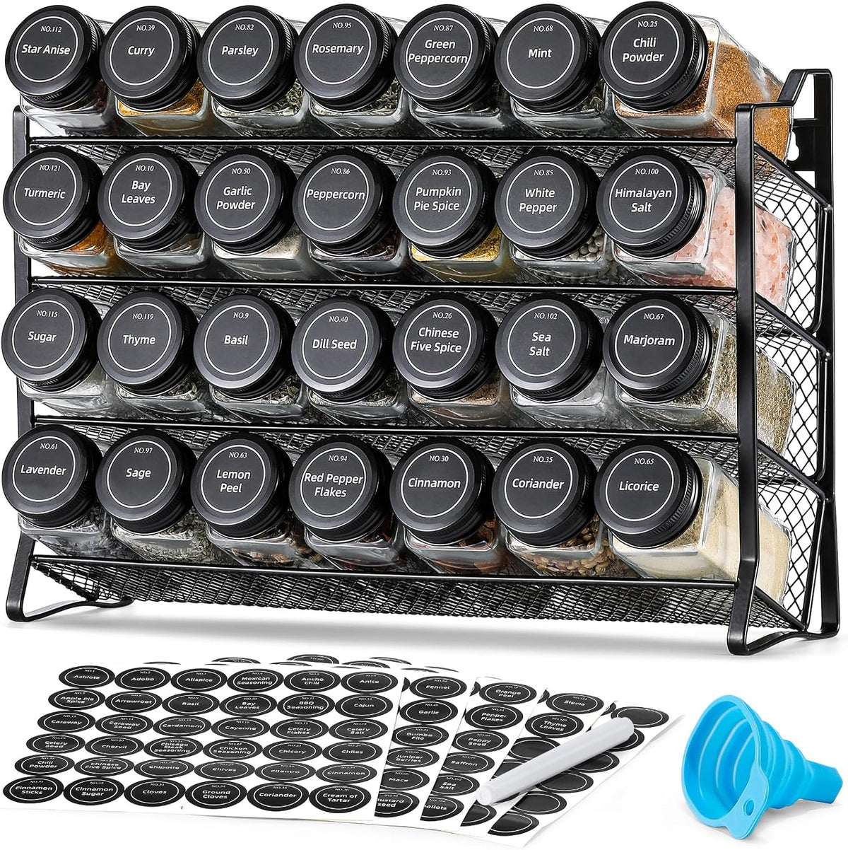 Spice Rack Organizer with 28 Empty Spice Jars with Silver Lids, Funnel, Labels - Seasoning Organizer for Countertop, Cabinet, Kitchen, Pantry