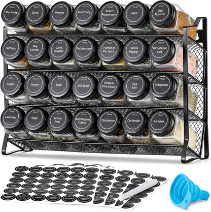 Spice Rack Organizer with 28 Empty Spice Jars with Silver Lids, Funnel, Labels - Seasoning Organizer for Countertop, Cabinet, Kitchen, Pantry
