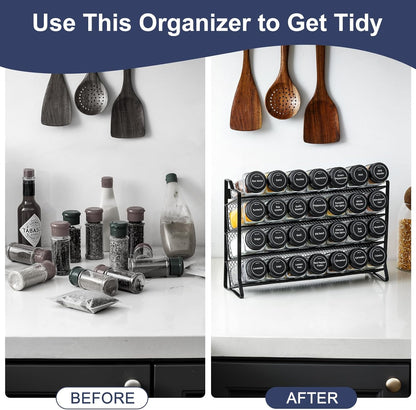 Spice Rack Organizer with 28 Empty Spice Jars with Silver Lids, Funnel, Labels - Seasoning Organizer for Countertop, Cabinet, Kitchen, Pantry