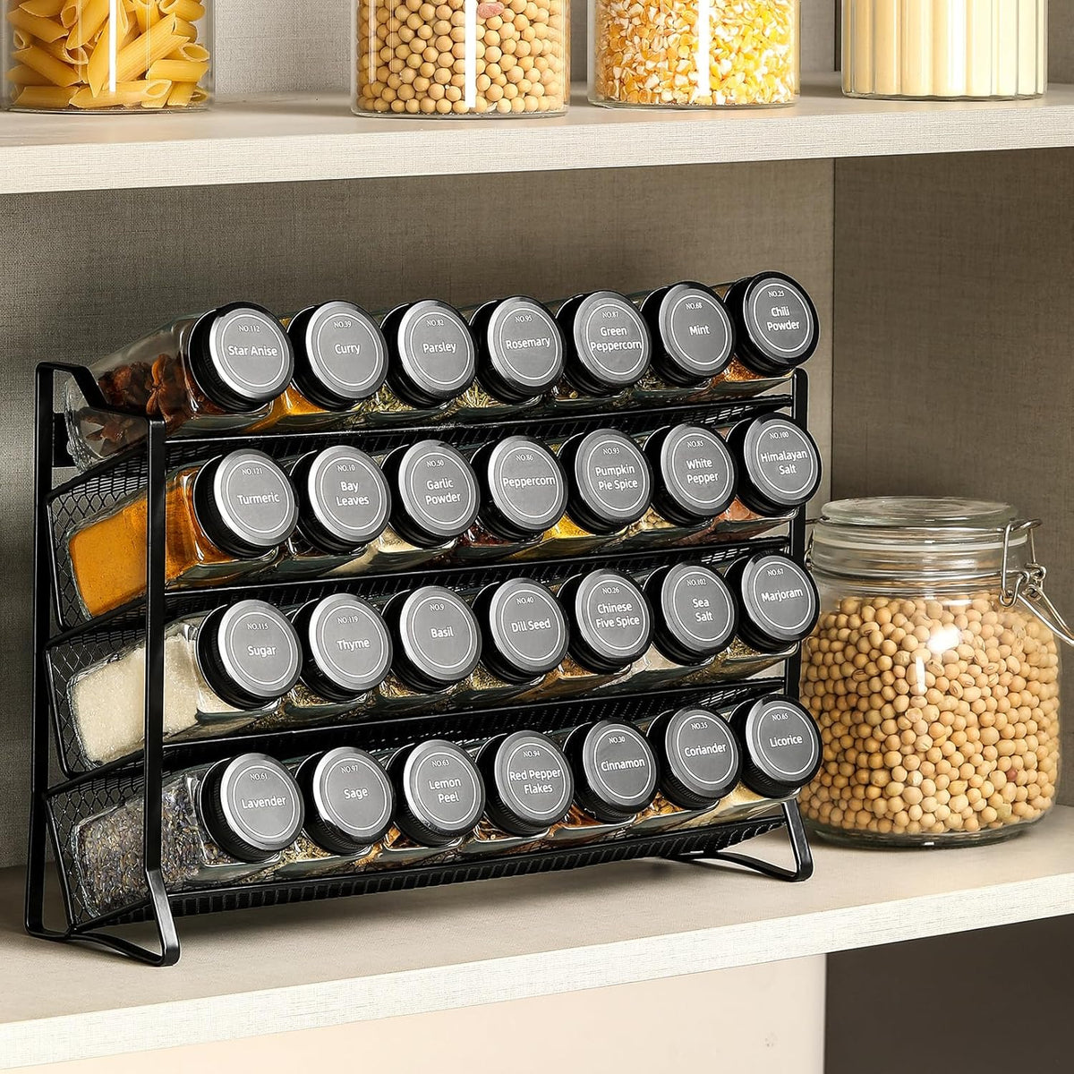 Spice Rack Organizer with 28 Empty Spice Jars with Silver Lids, Funnel, Labels - Seasoning Organizer for Countertop, Cabinet, Kitchen, Pantry