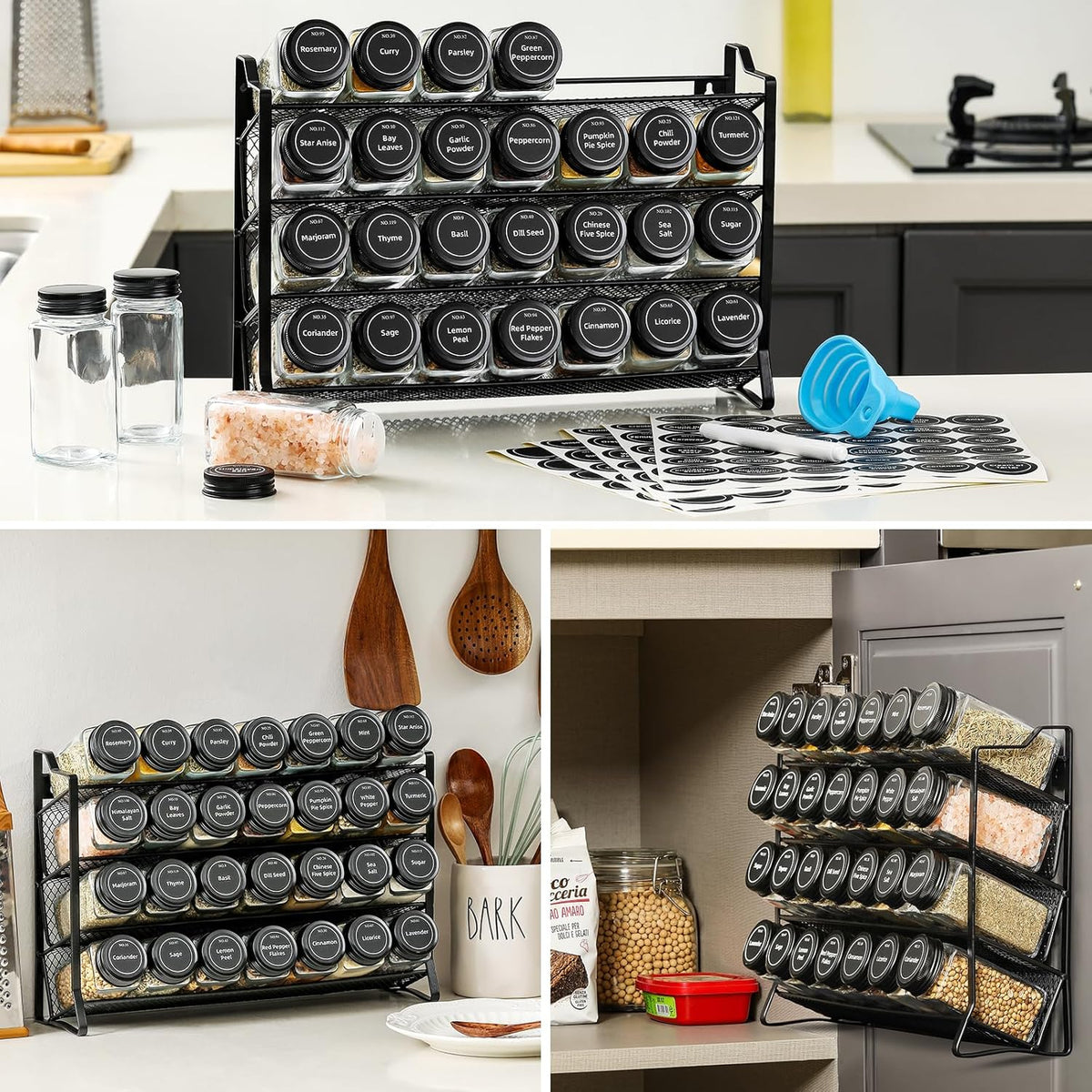 Spice Rack Organizer with 28 Empty Spice Jars with Silver Lids, Funnel, Labels - Seasoning Organizer for Countertop, Cabinet, Kitchen, Pantry