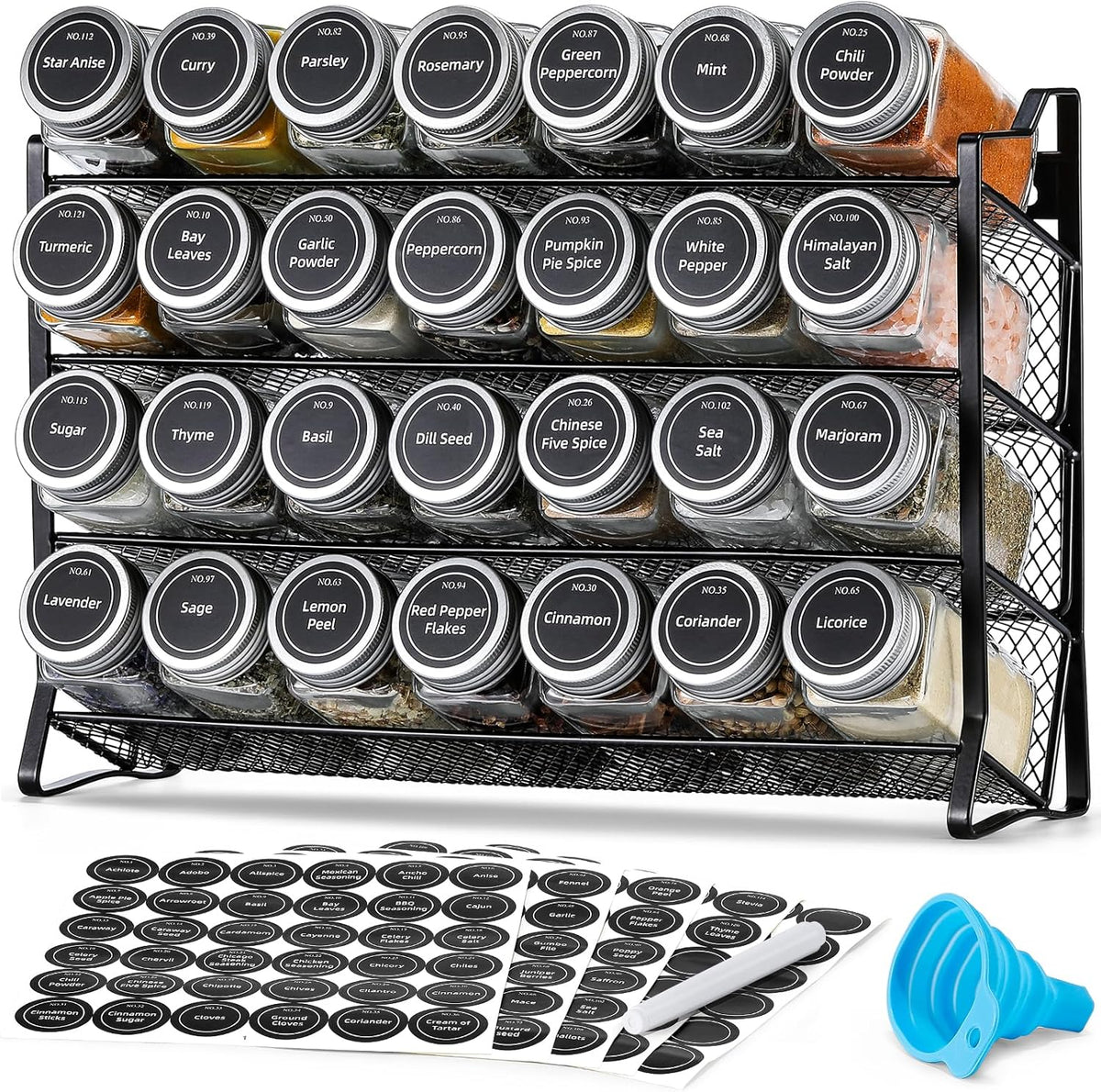Spice Rack Organizer with 28 Empty Spice Jars with Silver Lids, Funnel, Labels - Seasoning Organizer for Countertop, Cabinet, Kitchen, Pantry