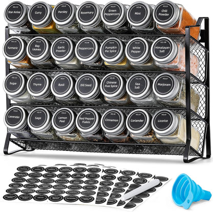 Spice Rack Organizer with 28 Empty Spice Jars with Silver Lids, Funnel, Labels - Seasoning Organizer for Countertop, Cabinet, Kitchen, Pantry