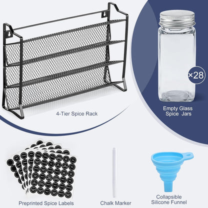 Spice Rack Organizer with 28 Empty Spice Jars with Silver Lids, Funnel, Labels - Seasoning Organizer for Countertop, Cabinet, Kitchen, Pantry