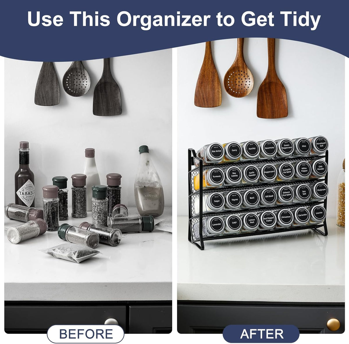 Spice Rack Organizer with 28 Empty Spice Jars with Silver Lids, Funnel, Labels - Seasoning Organizer for Countertop, Cabinet, Kitchen, Pantry