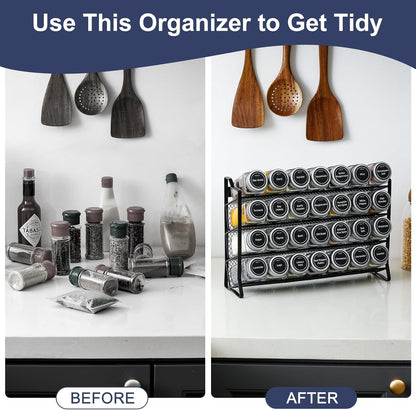 Spice Rack Organizer with 28 Empty Spice Jars with Silver Lids, Funnel, Labels - Seasoning Organizer for Countertop, Cabinet, Kitchen, Pantry