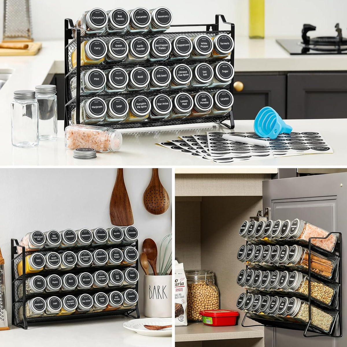 Spice Rack Organizer with 28 Empty Spice Jars with Silver Lids, Funnel, Labels - Seasoning Organizer for Countertop, Cabinet, Kitchen, Pantry