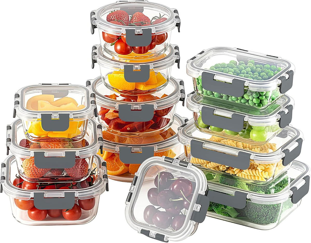 24pc Glass Food Storage Containers with Lids，Glass Meal Prep Containers