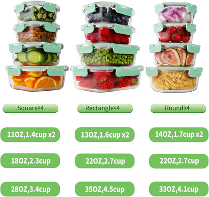 24pc Glass Food Storage Containers with Lids，Glass Meal Prep Containers