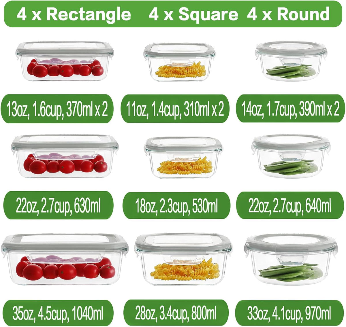 24pc Glass Food Storage Containers with Lids，Glass Meal Prep Containers