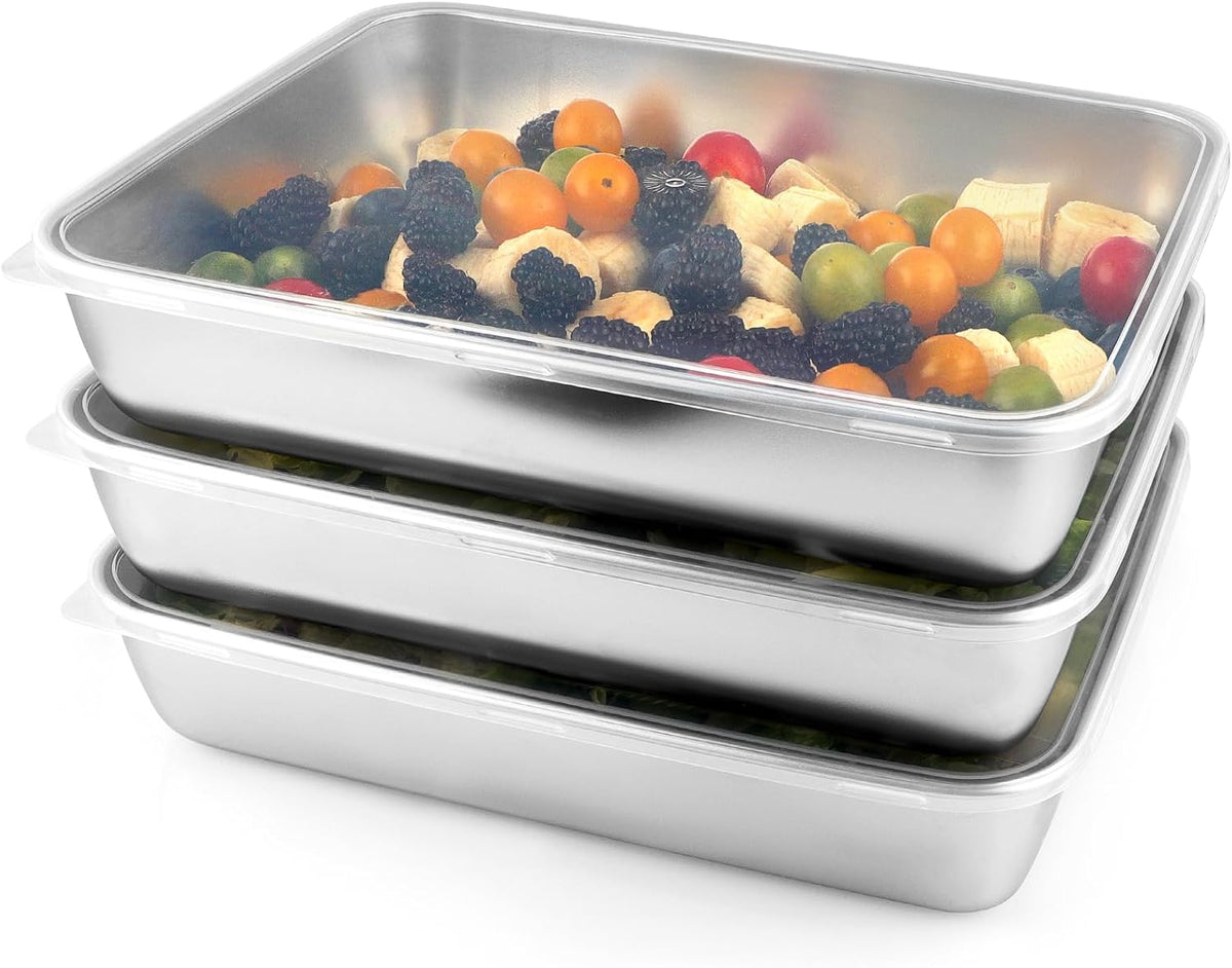 3 Pcs (118oz) Stainless Steel Food Containers with Clear Lids, 12" x 9.6" Large Stackable Snack Storage Boxes, Deli Meat Keeper for Refrigerator or Picnic, BBQ Party