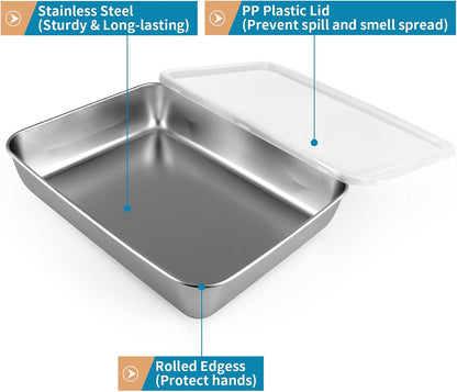 3 Pcs (118oz) Stainless Steel Food Containers with Clear Lids, 12" x 9.6" Large Stackable Snack Storage Boxes, Deli Meat Keeper for Refrigerator or Picnic, BBQ Party