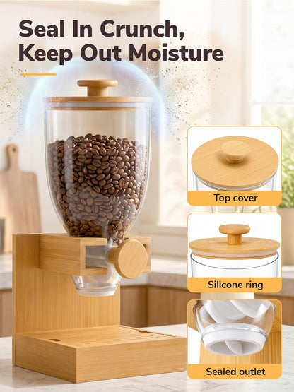 3.5L Large Capacity Cereal Dispenser Countertop, Airtight Cereal Containers Storage with Natural Bamboo Base & Lid, Single Pack Dry Food Dispenser for Cereal, Grains, Nuts, Kitchen & Pantry