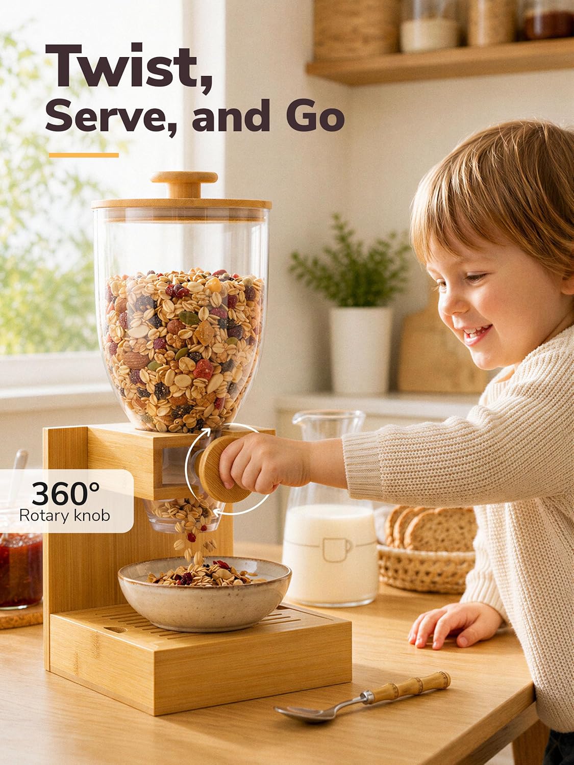 3.5L Large Capacity Cereal Dispenser Countertop, Airtight Cereal Containers Storage with Natural Bamboo Base & Lid, Single Pack Dry Food Dispenser for Cereal, Grains, Nuts, Kitchen & Pantry