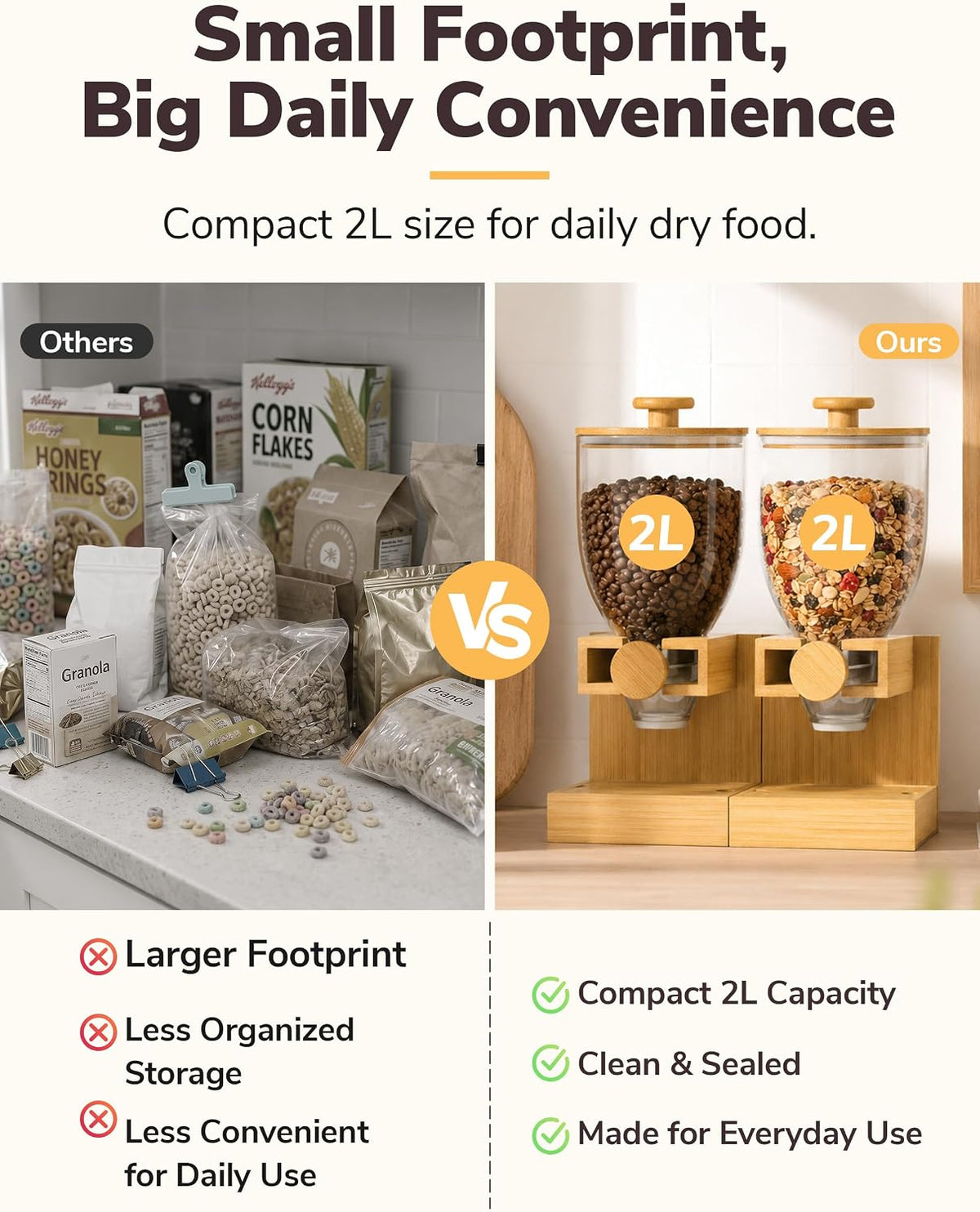 3.5L Large Capacity Cereal Dispenser Countertop, Airtight Cereal Containers Storage with Natural Bamboo Base & Lid, Single Pack Dry Food Dispenser for Cereal, Grains, Nuts, Kitchen & Pantry