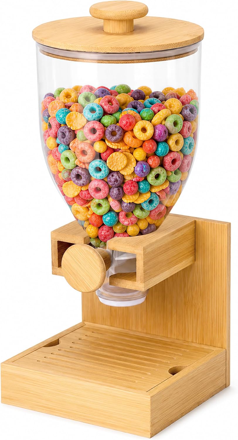 3.5L Large Capacity Cereal Dispenser Countertop, Airtight Cereal Containers Storage with Natural Bamboo Base & Lid, Single Pack Dry Food Dispenser for Cereal, Grains, Nuts, Kitchen & Pantry
