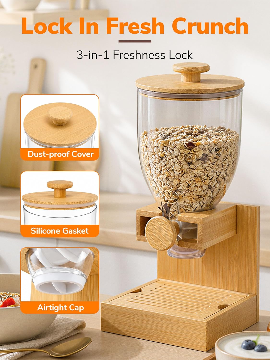3.5L Large Capacity Cereal Dispenser Countertop, Airtight Cereal Containers Storage with Natural Bamboo Base & Lid, Single Pack Dry Food Dispenser for Cereal, Grains, Nuts, Kitchen & Pantry