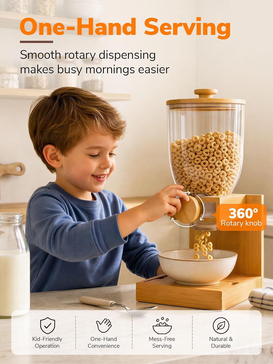 3.5L Large Capacity Cereal Dispenser Countertop, Airtight Cereal Containers Storage with Natural Bamboo Base & Lid, Single Pack Dry Food Dispenser for Cereal, Grains, Nuts, Kitchen & Pantry