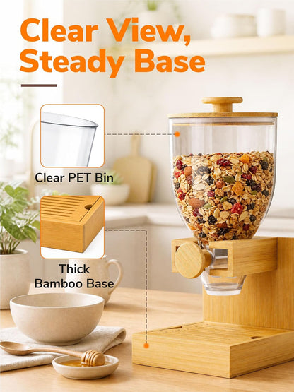 3.5L Large Capacity Cereal Dispenser Countertop, Airtight Cereal Containers Storage with Natural Bamboo Base & Lid, Single Pack Dry Food Dispenser for Cereal, Grains, Nuts, Kitchen & Pantry