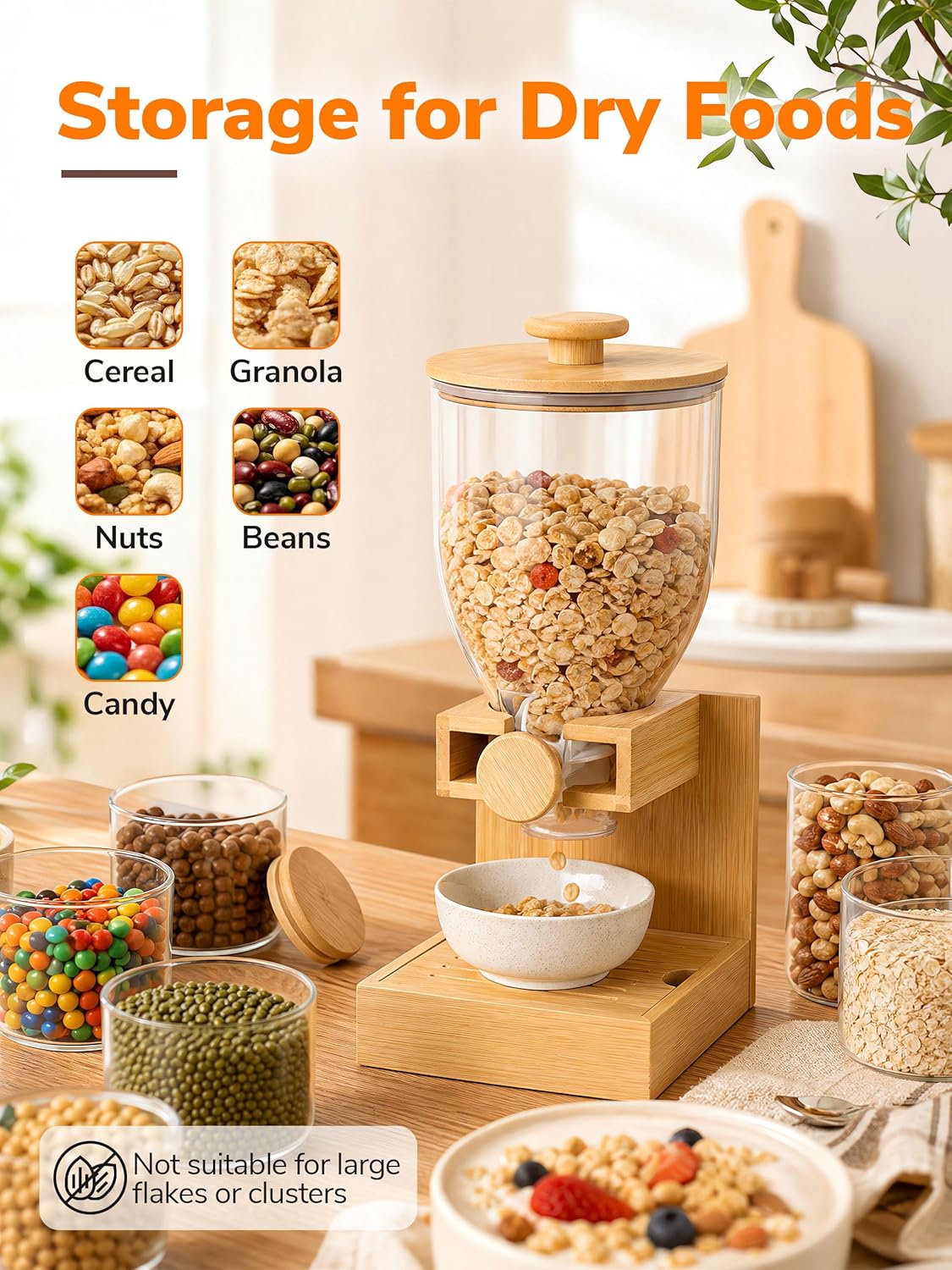 3.5L Large Capacity Cereal Dispenser Countertop, Airtight Cereal Containers Storage with Natural Bamboo Base & Lid, Single Pack Dry Food Dispenser for Cereal, Grains, Nuts, Kitchen & Pantry