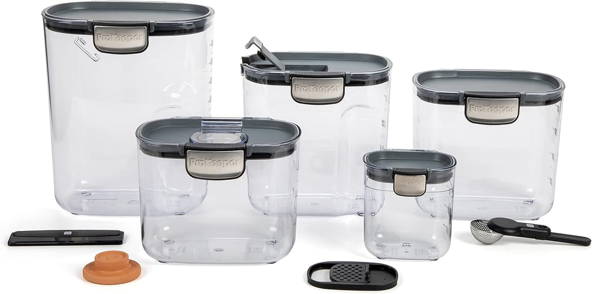 + Airtight Food Storage Container Set – Clear Plastic Flour and Sugar Canister Set with Magnetic Accessories for Kitchen Organization (Grey)