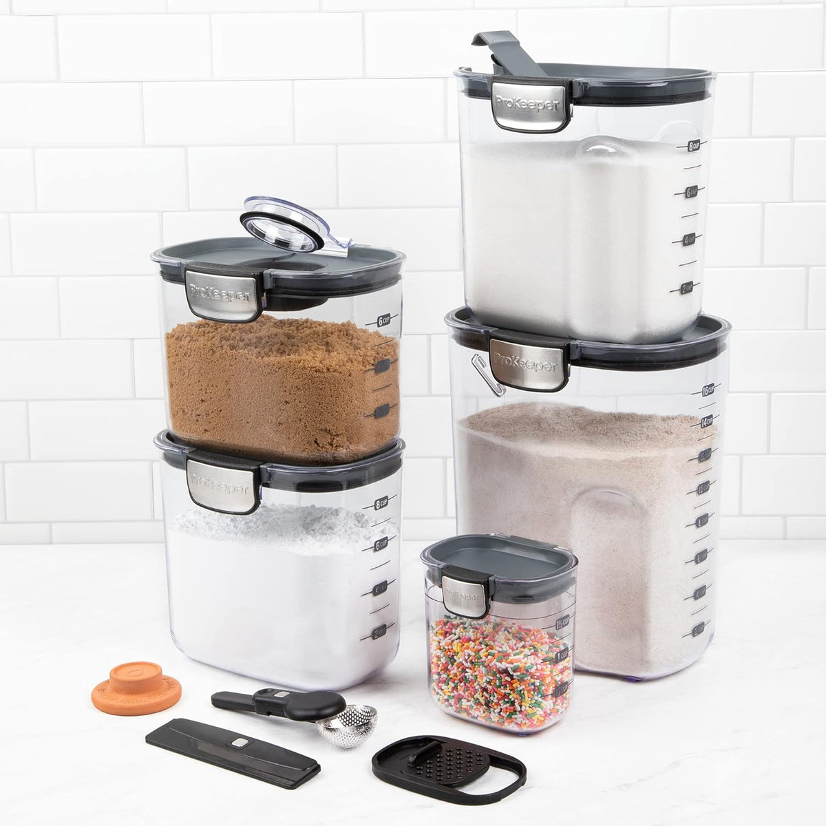 + Airtight Food Storage Container Set – Clear Plastic Flour and Sugar Canister Set with Magnetic Accessories for Kitchen Organization (Grey)