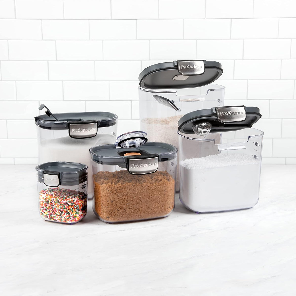 + Airtight Food Storage Container Set – Clear Plastic Flour and Sugar Canister Set with Magnetic Accessories for Kitchen Organization (Grey)